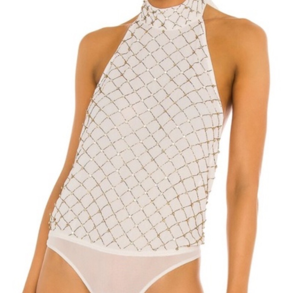 White and Gold Patterned Bodysuit Crystal
